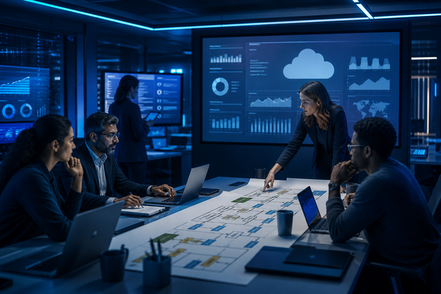 Implementation consulting feels like a control room because many moving parts must go live together.