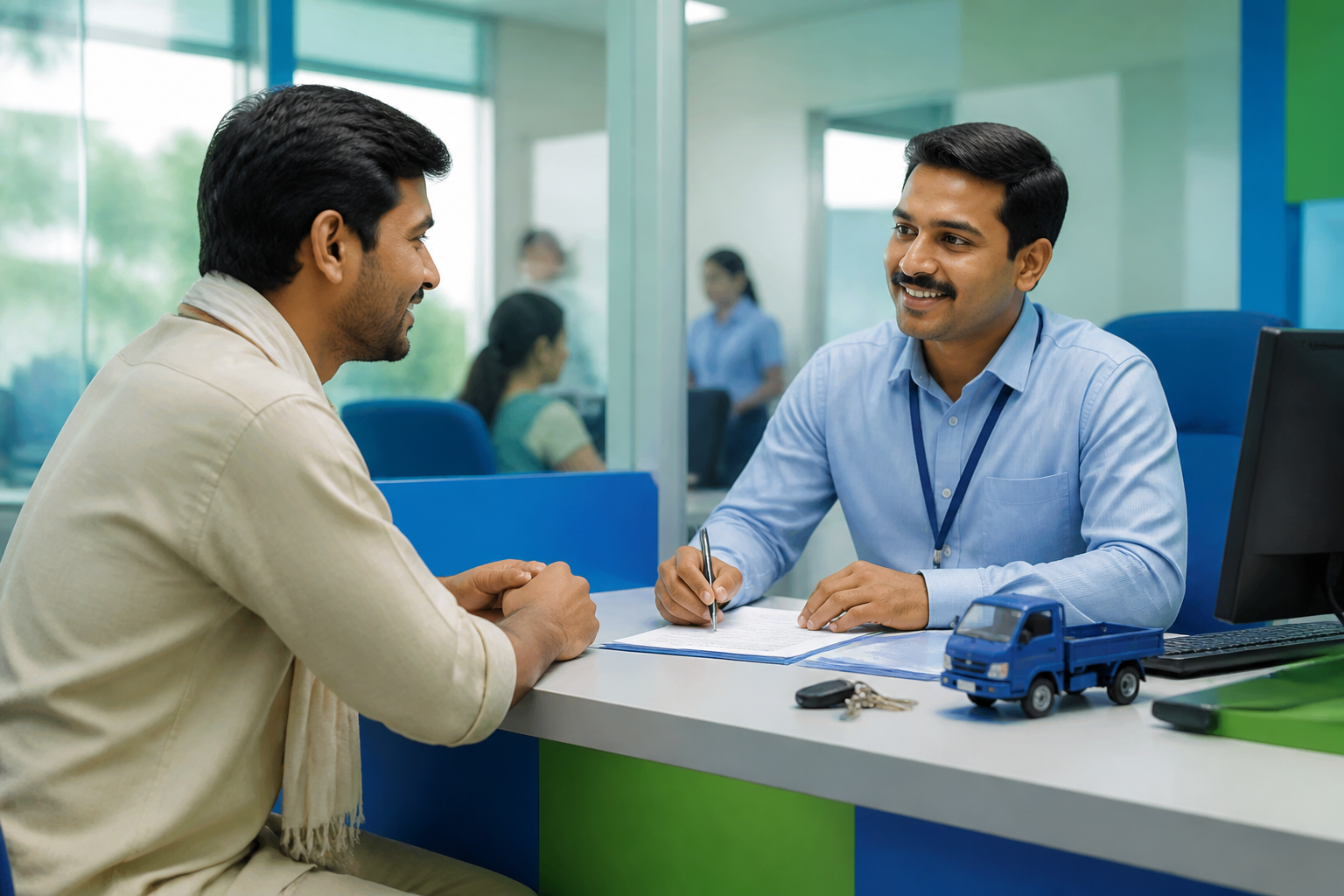 Shriram Finance makes the value chain tangible: the borrower, the asset and the field relationship sit in the same frame