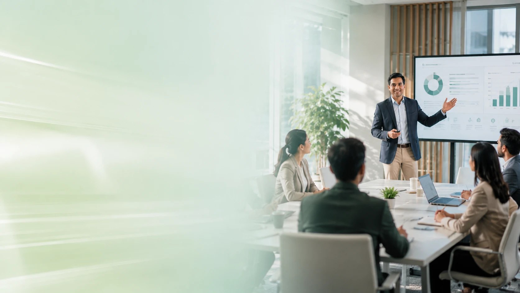 A trainer presenting to colleagues in a bright modern office meeting room