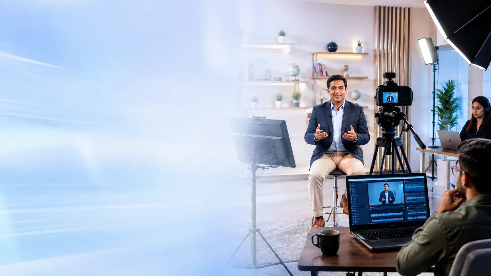 A subject expert recording a lesson on a Board Infinity studio set, with a camera, teleprompter, softbox lighting and two crew members editing alongside