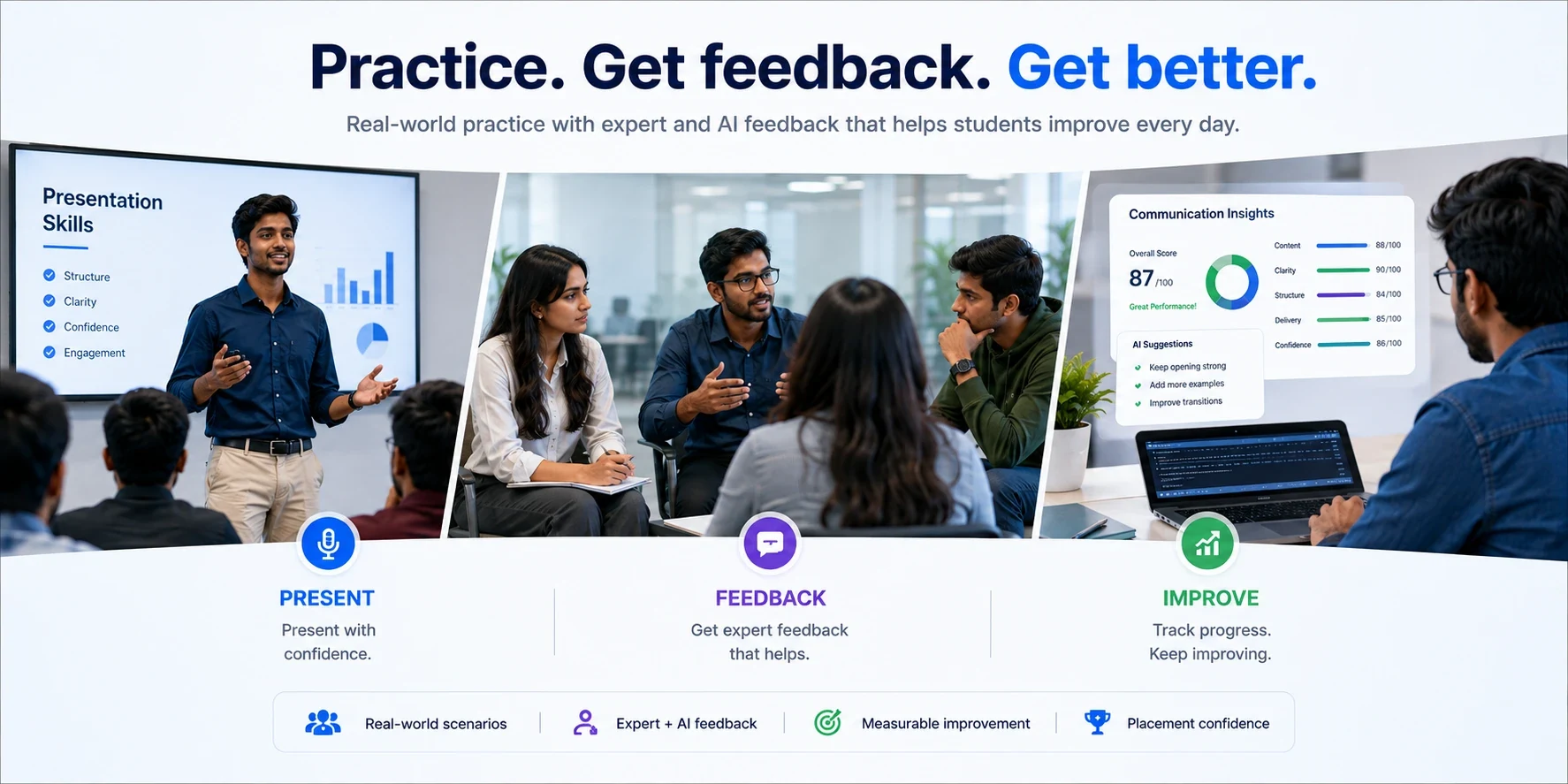 Practice, get feedback, get better. Real-world practice with expert and AI feedback that helps students improve every day. Three stages: Present, presenting presentation skills with structure, clarity, confidence and engagement to a live audience; Feedback, a small group giving expert feedback that helps; and Improve, a Communication Insights dashboard tracking progress with an overall score out of 100 across content, clarity, structure, delivery and confidence, plus AI suggestions such as keep the opening strong, add more examples and improve transitions. Real-world scenarios, expert and AI feedback, measurable improvement, placement confidence.