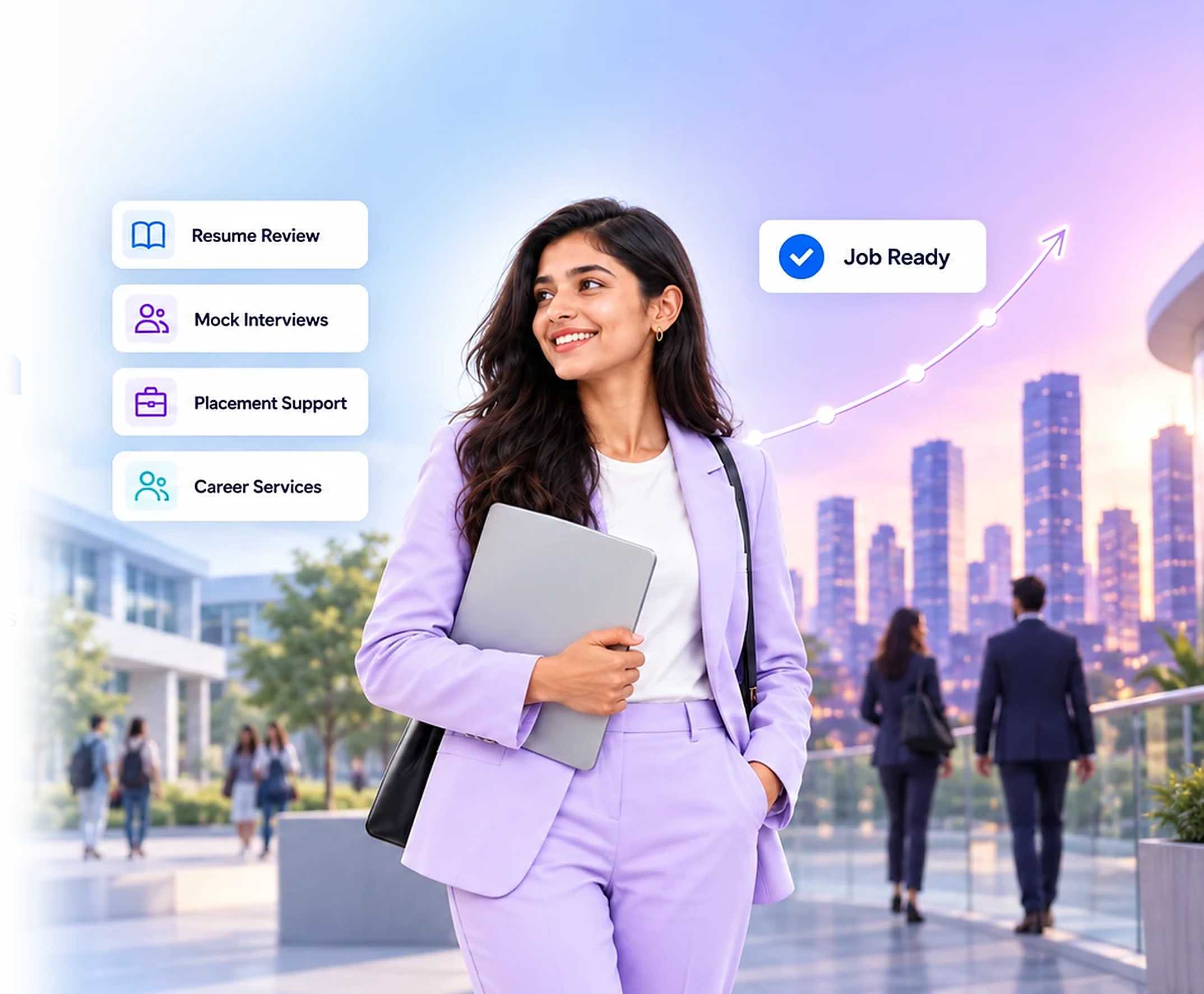 A Board Infinity student on campus, with Resume Review, Mock Interviews, Placement Support and Career Services marked beside her and a Job Ready milestone on a rising line.