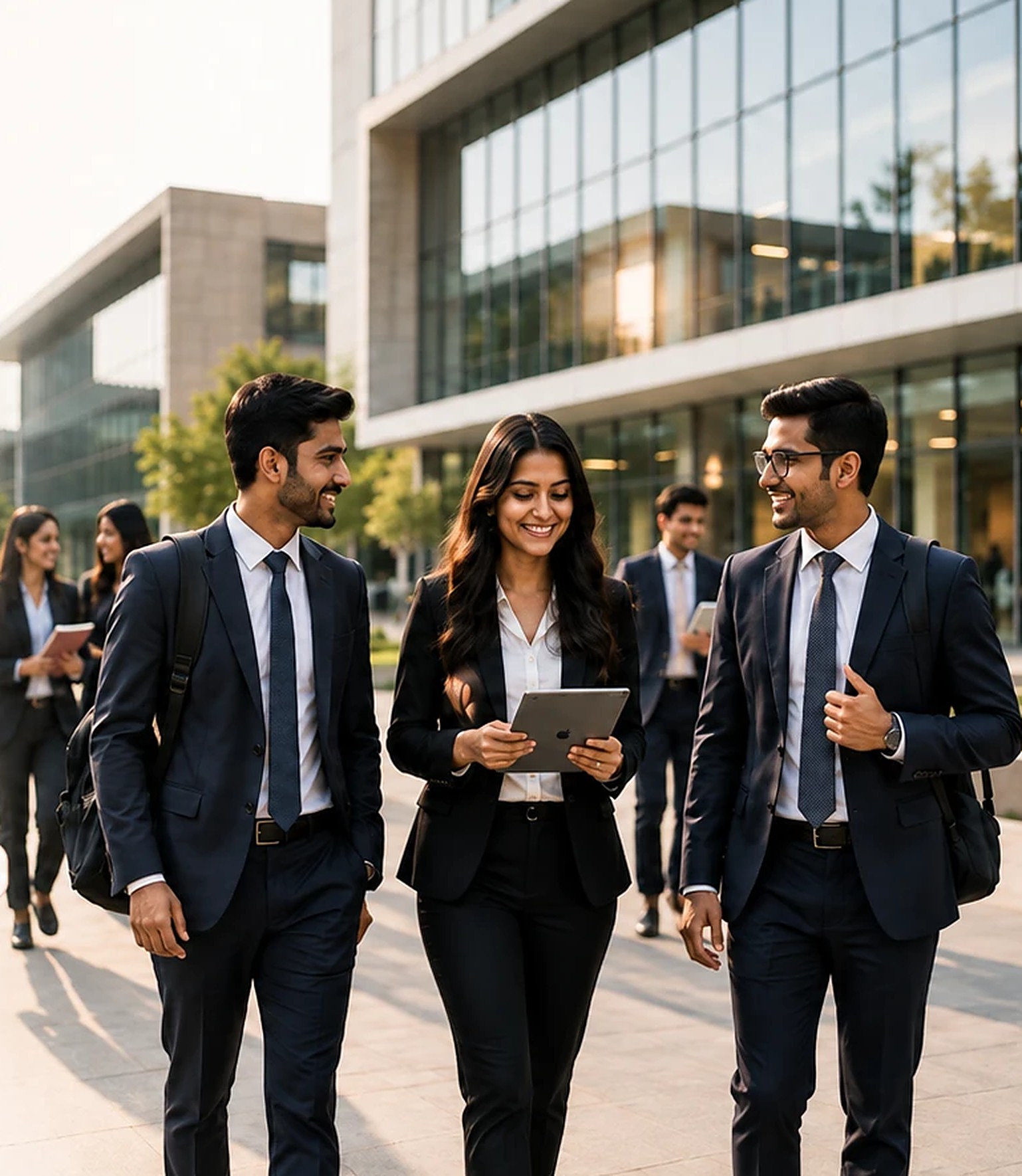 MBA students in formals walking through campus between sessions