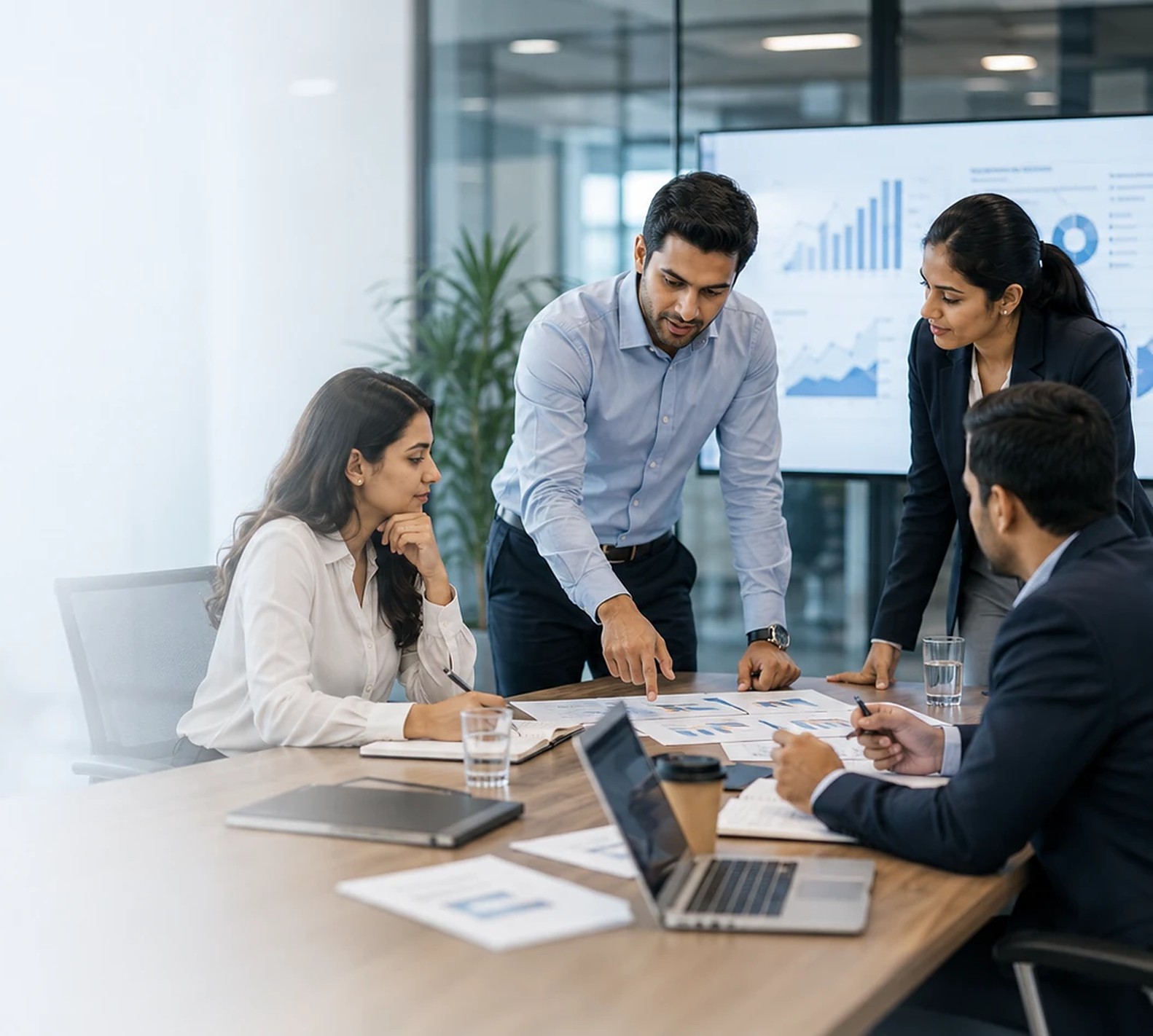 A hiring team reviewing candidate profiles together in an office