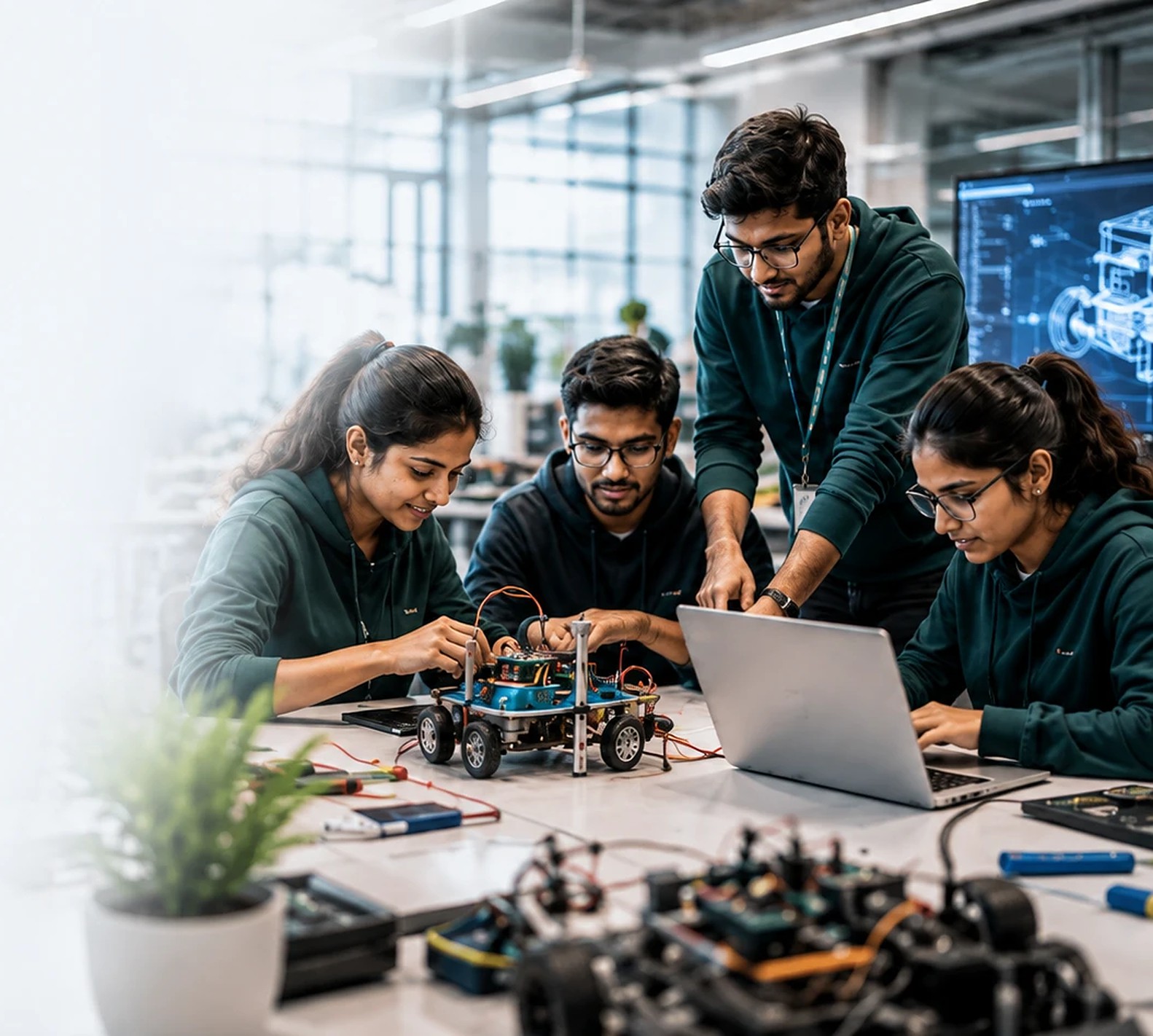 Engineering students building a robotics project with a mentor in a campus lab