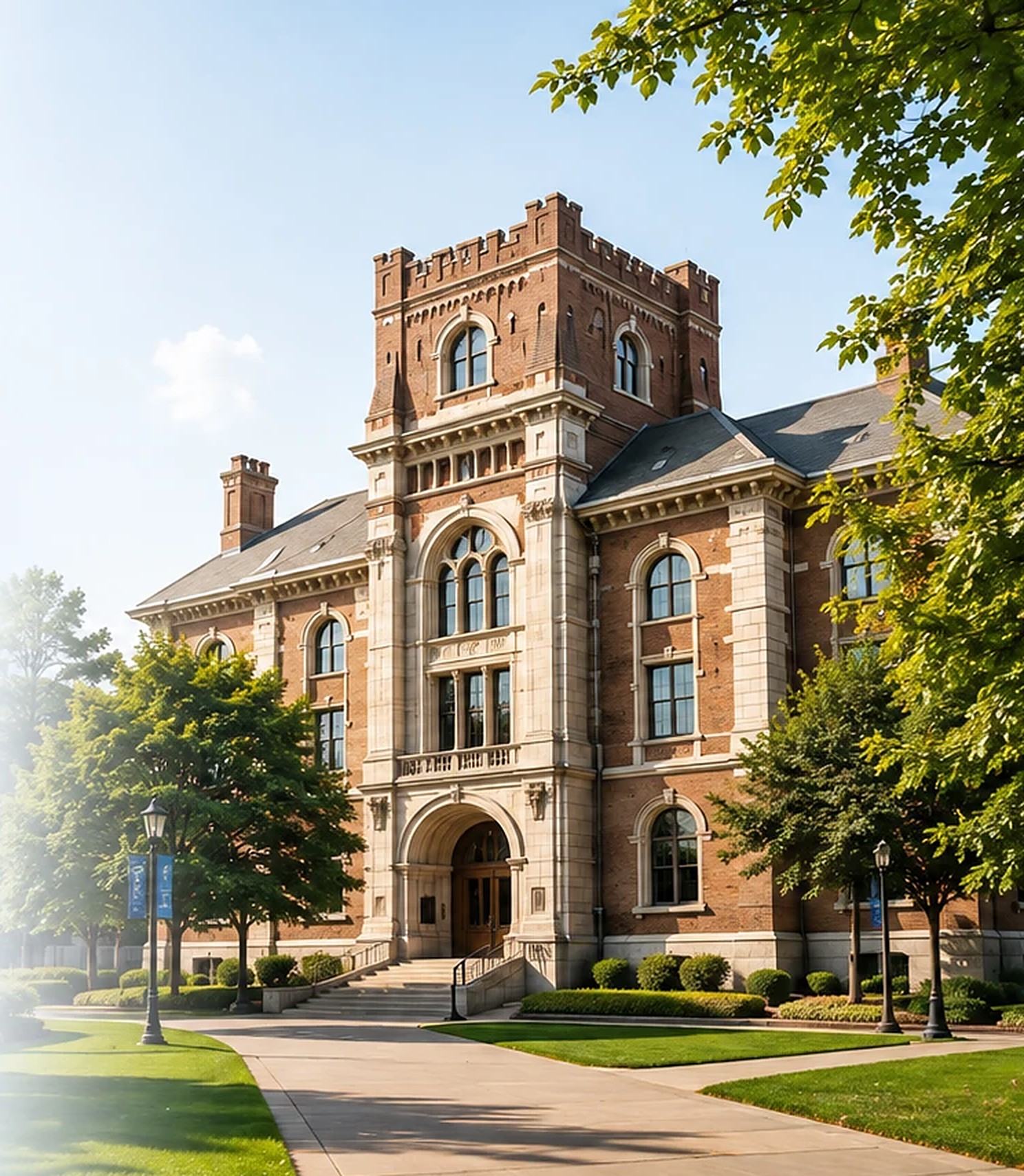 A partner university campus building on a summer morning