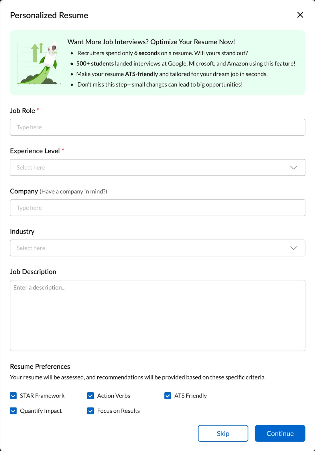 Infy Resume personalisation flow collecting target job role, experience level, company, industry and job description to tailor a resume